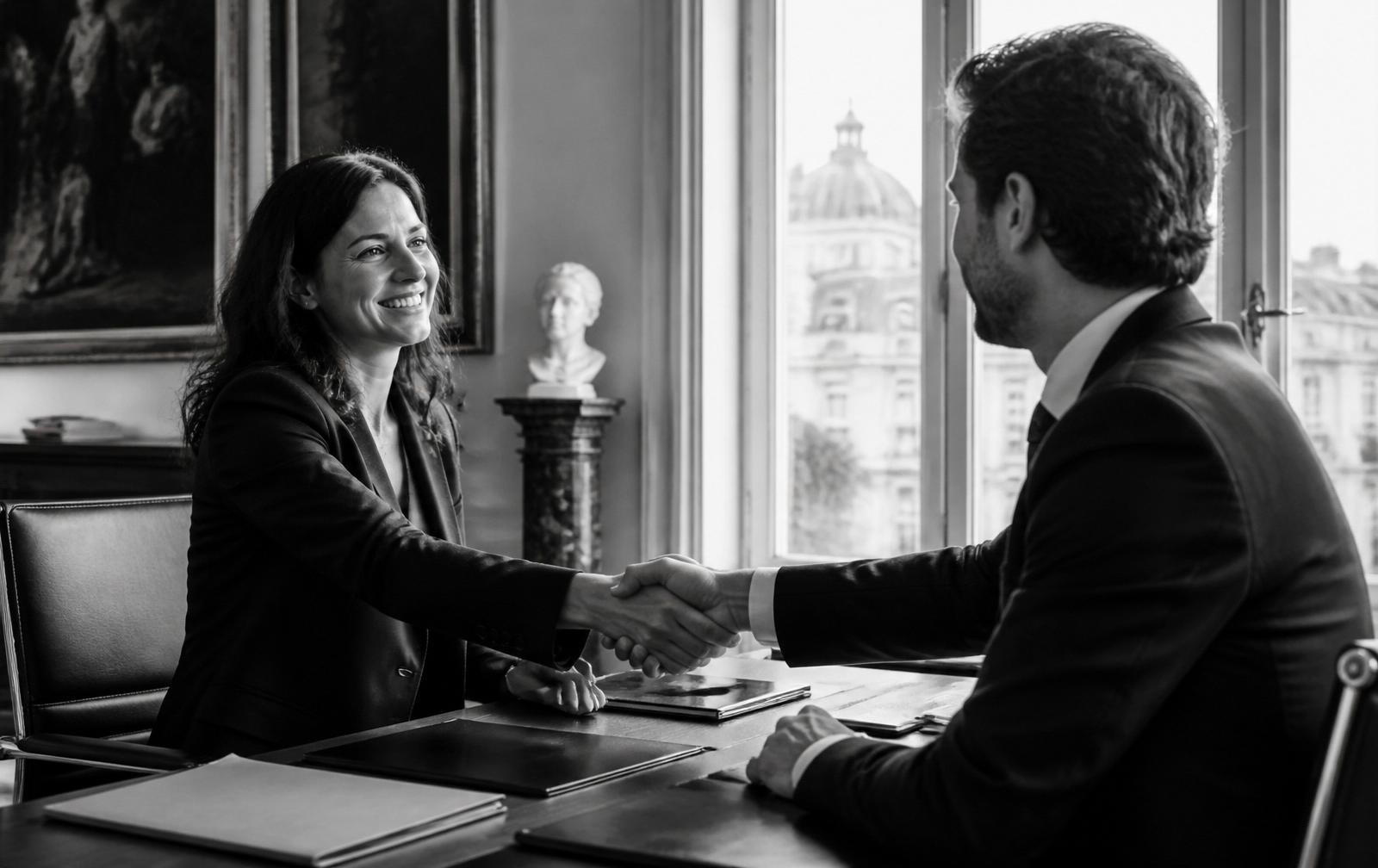 Två affärspersoner skakar hand på ett italienskt kontor